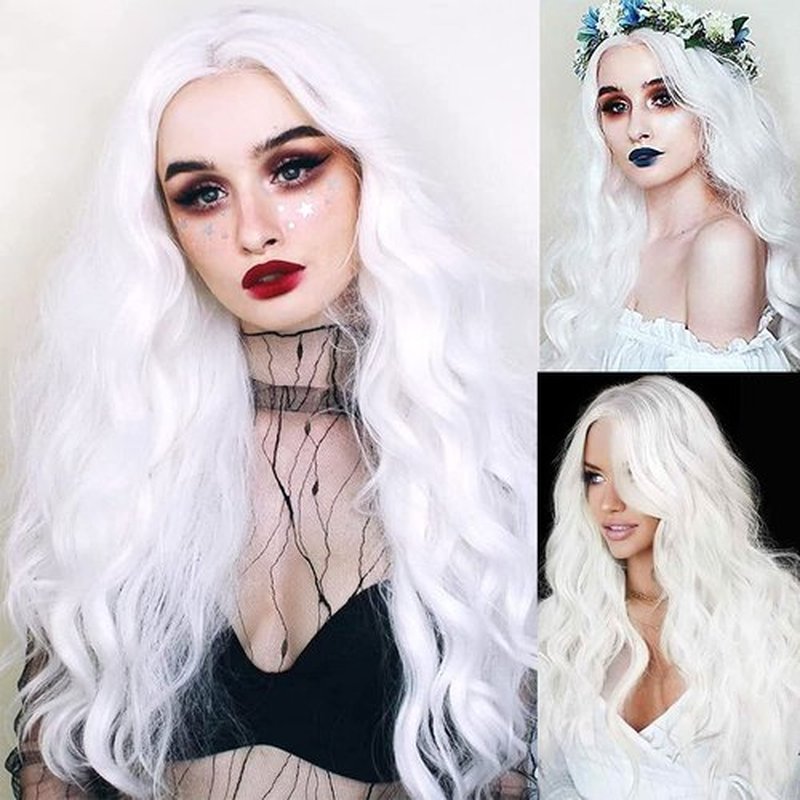 Daiaces Long Curly White Lace Front Wigs for Women Middle Part Wavy Wig Natural Looking Hair Replacement Wig for Daily Party Use Cosplay Costume Halloween