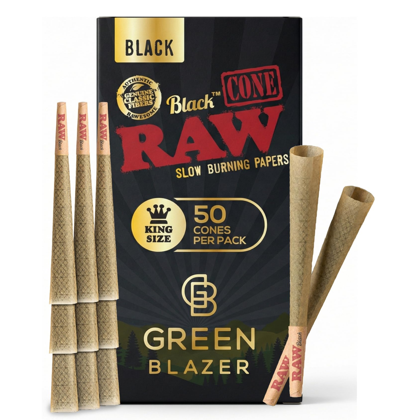 RAW Cones Black King Size: 50 Pack - Translucent, Extra Fine Pre Rolled Cones & Tips, Patented Slow Burn, All Natural RAWthentic, 109mm