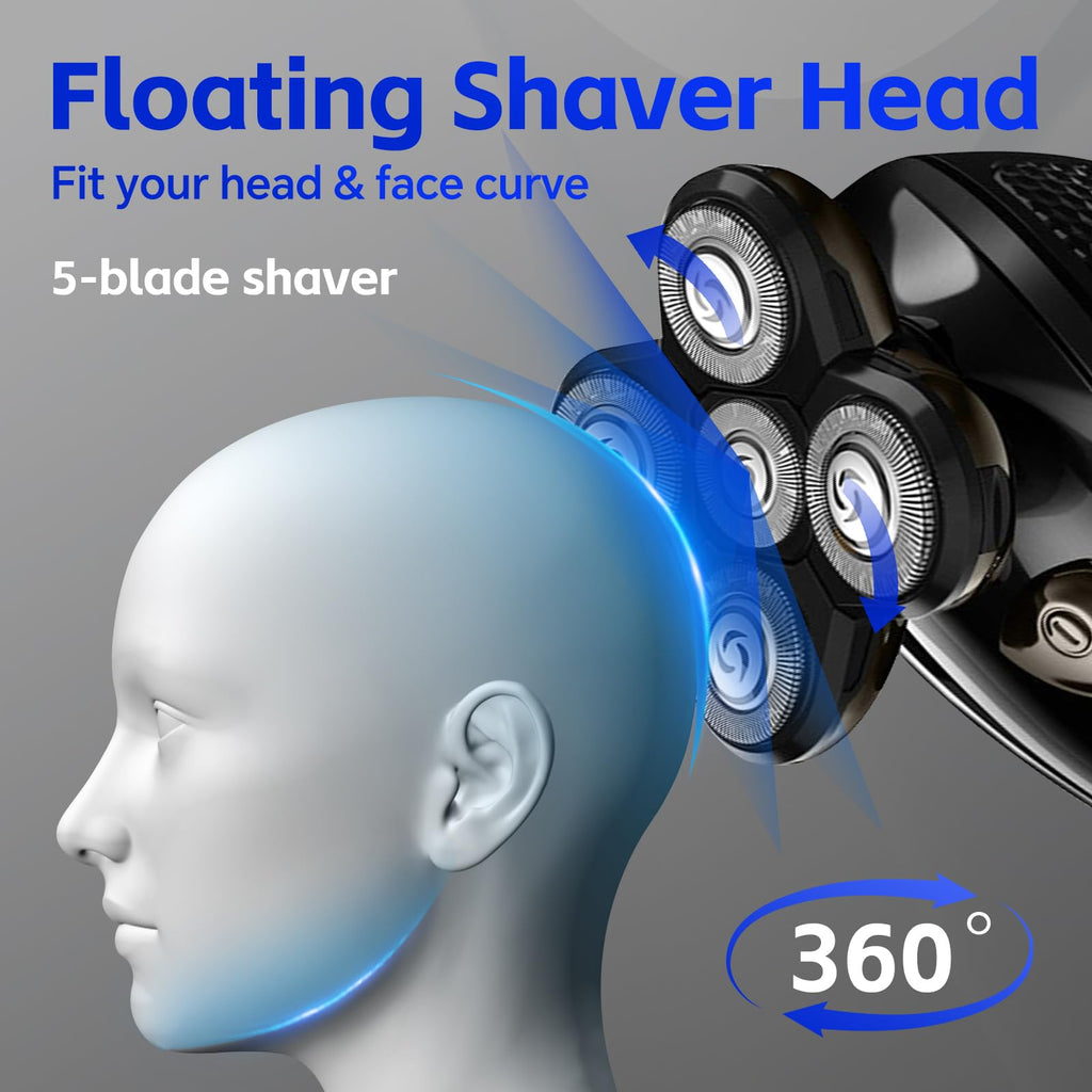 Bald Head Shaver,Electric Head Shavers for Bald Men, 5-in-1 Head and Face Grooming Kit, Waterproof Cordless Rotary Razor and USB Rechargeable,Gifts for Men