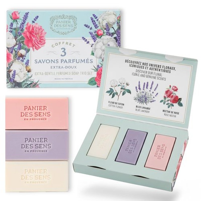 Panier des Sens - Bar Soap Gift Set for Women - Cotton, Rose, Lavender Soap Bars - Birthday Gift for Her - Hand & Body Soap Bars with Shea Butter - 97% Natural Ingredients - 3x3.5oz