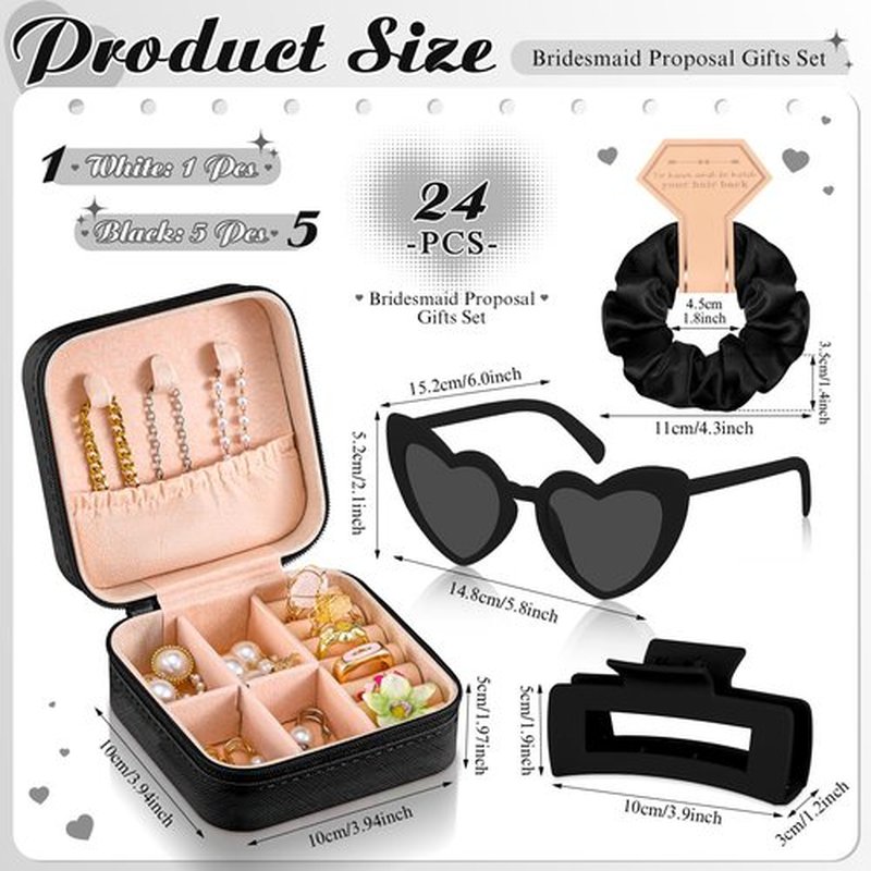 Hotop 24 Pcs Bridesmaid Proposal Gifts Set, 6 Mini Jewelry Box, 6 Satin Bridesmaid Scrunchies, 6 Bachelorette Sunglasses, 6 Square Hair Clips for Bridal Shower Wedding Party Favors (White, Black)