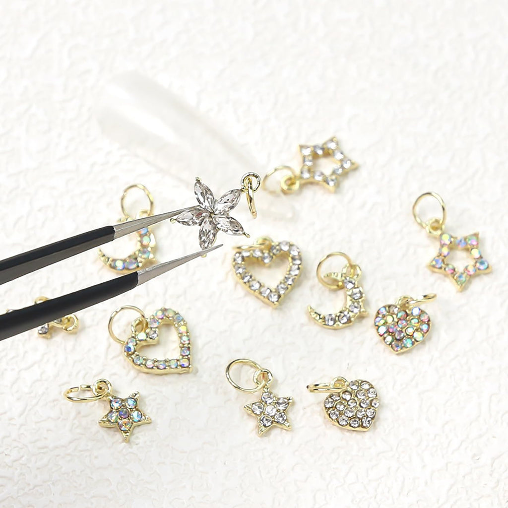 Wokoto 26pcs Mix Design Dangle Nail Charms - 3D Jewelry Flat Back Heart Star Cross Moon Nail Art Charms Rhinestones