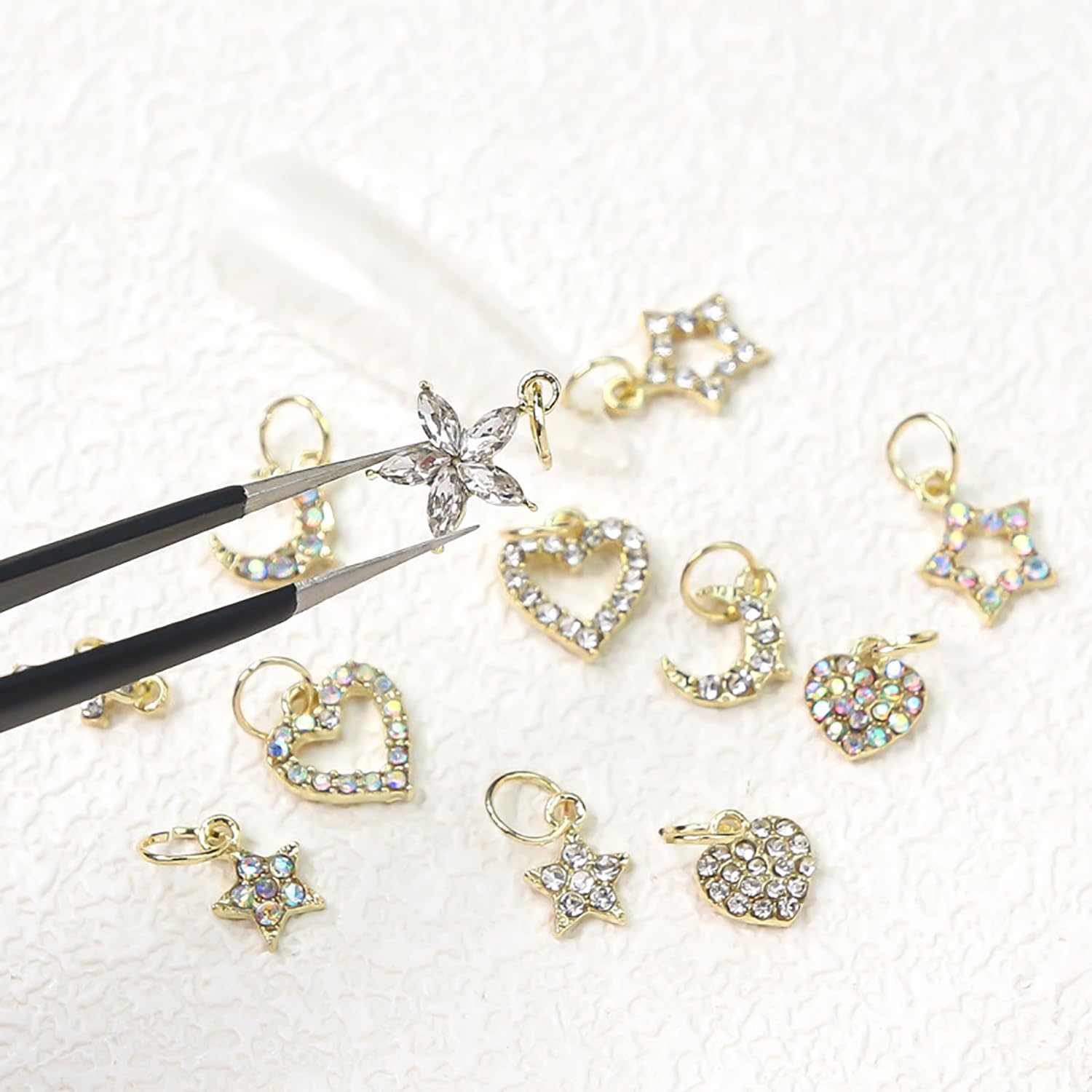 Wokoto 26pcs Mix Design Dangle Nail Charms - 3D Jewelry Flat Back Heart Star Cross Moon Nail Art Charms Rhinestones
