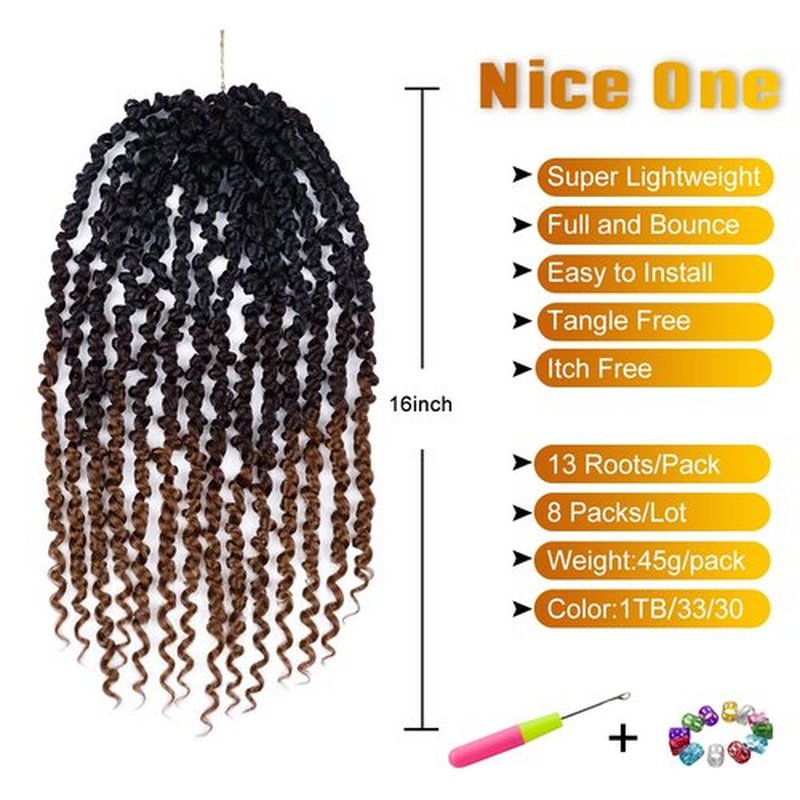 Pre-Twisted Passion Twist Hair, 8 Packs 112 Strands Pre Looped Passion Twist Braiding Hair for Women, Short Passion Twists Crochet Hair Synthetic Hair Extensions (T1B/33/30, 16 Inch (Pack of 8))