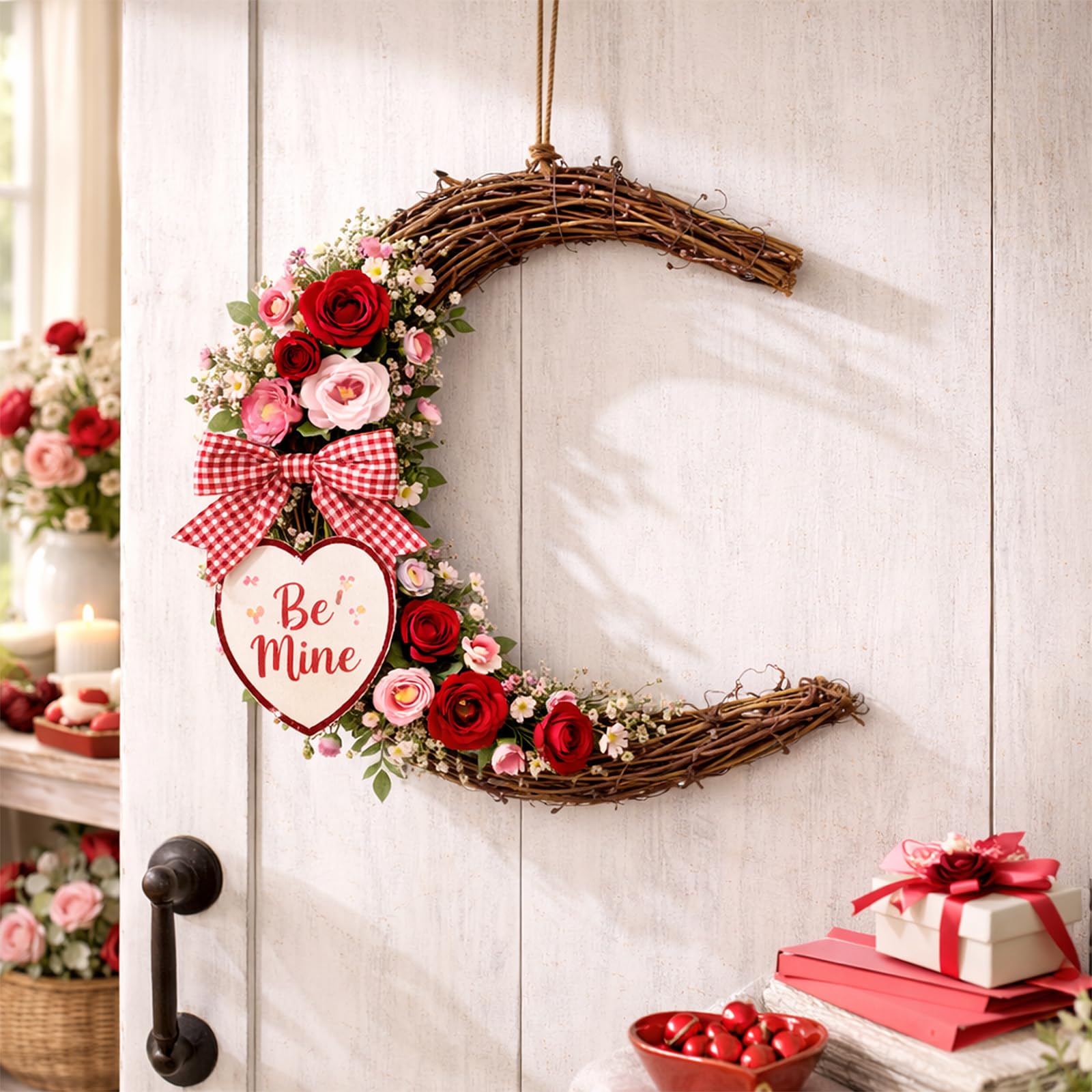 NOLITOY Natural Grapevine Wreath for Front Door, 11.81 Inch Vintage Moon Shape Twig Spring Wreath for Crafts Easter Home Wall Hanging Decor Wedding Party Supplies