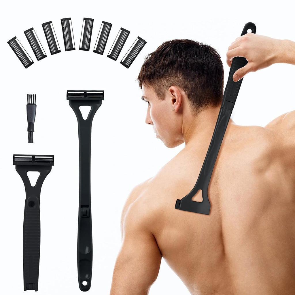 ETbyto Back Shavers for Men with Foldable Long Ergonomic Handle: DIY Hair Shaver, Replaceable Safety Blade & Portable Razor Groomer for Men, Wet & Dry Shaving(8PCS Blades Included)