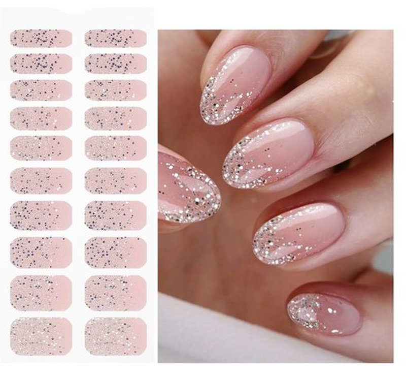 JMEOWIO Gel Nail Stickers Glitter Light Pink Cured Gel Nail Strips Wraps UV/LED Nails Art Design Decoration Accessories