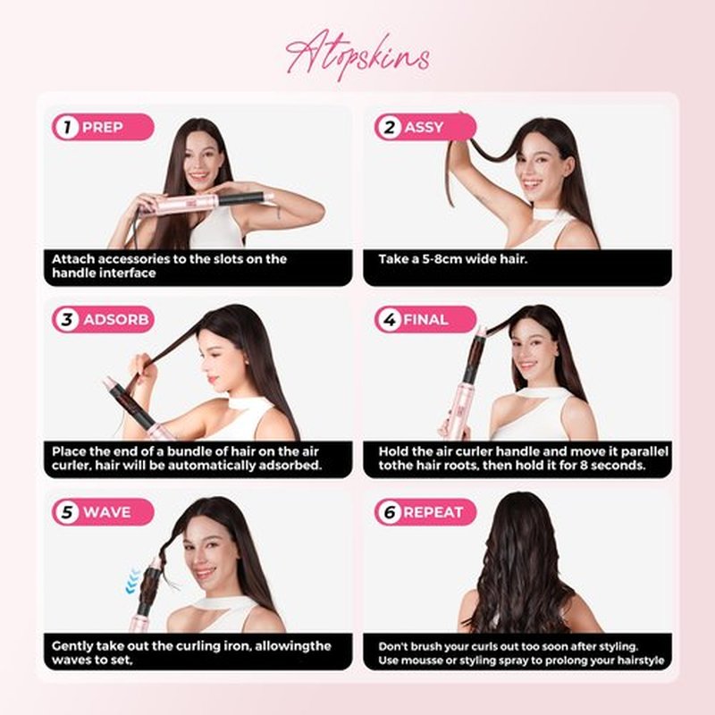 Atopskins 5 in 1 Hair Dryer Brush Set, Detachable Hot Air Styler, Blow Dryer Brush, 3 Heat Settings Auto Curling Wrap Styler, Ionic Hair Styling Tools, Straight Curl Dry Volumiz Smooth (Pink)