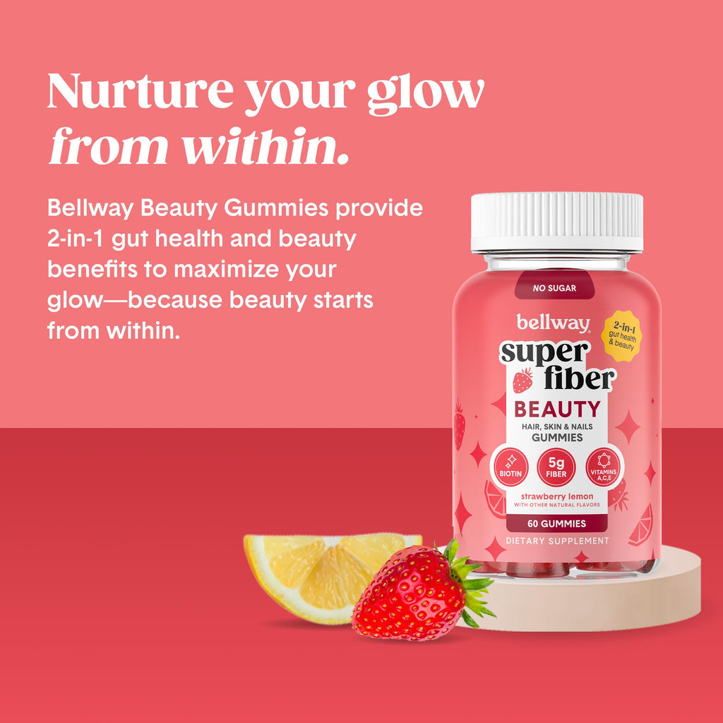 Bellway Super Fiber Gummies + Beauty – Sugar Free Fiber Supplement with Biotin & Vitamins A C E – Supports Digestive Health, Skin, Hair & Nails - 60 Count