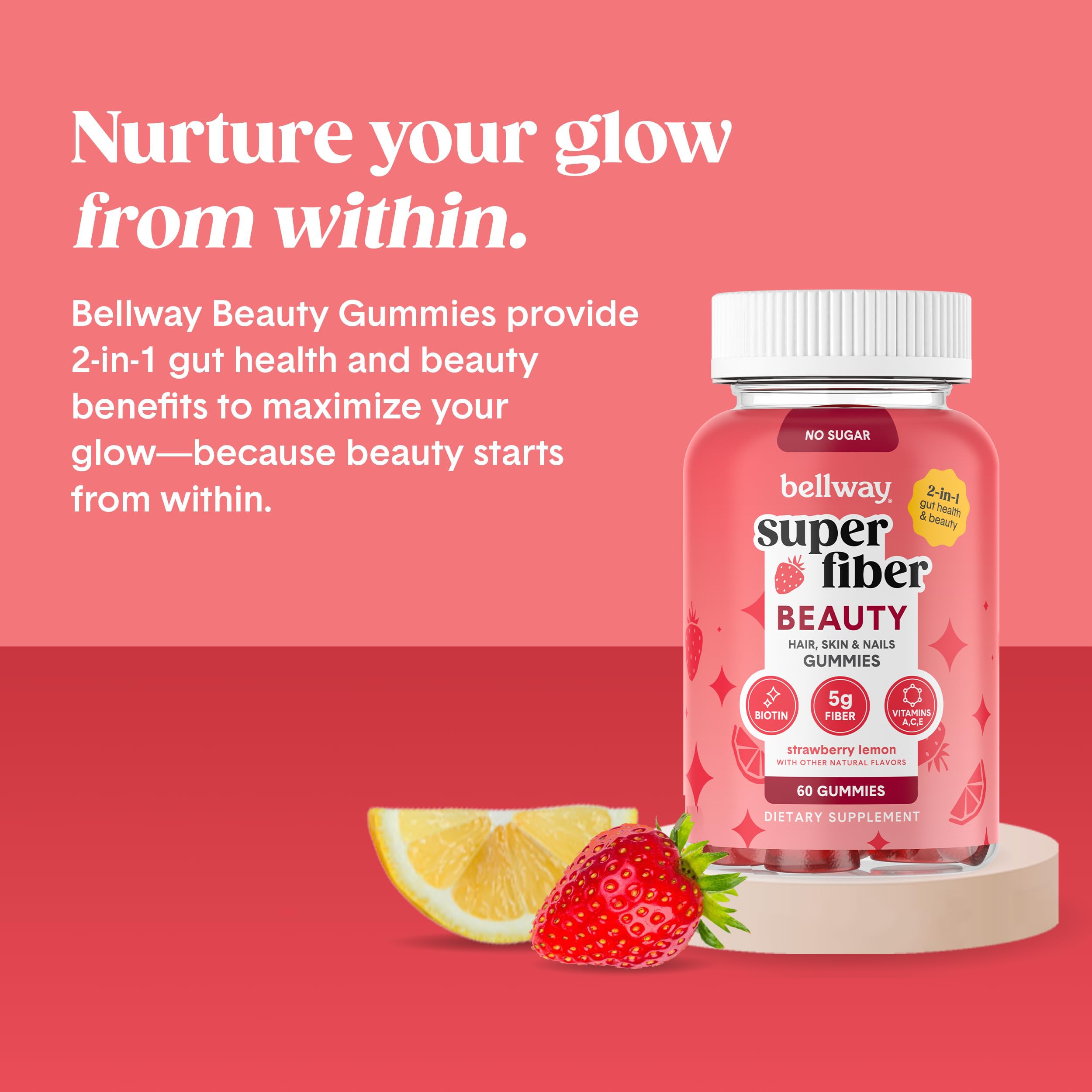 Bellway Super Fiber Gummies + Beauty – Sugar Free Fiber Supplement with Biotin & Vitamins A C E – Supports Digestive Health, Skin, Hair & Nails - 60 Count