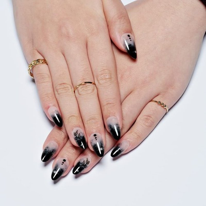 GLAMERMAID Press on Nails Medium Almond, Gothic Black Ombre French Tip Gel Glue on Nail, Glossy Short Stiletto Reusable UV Finish Fake Nails Acrylic False Nails Manicure Kits for Women