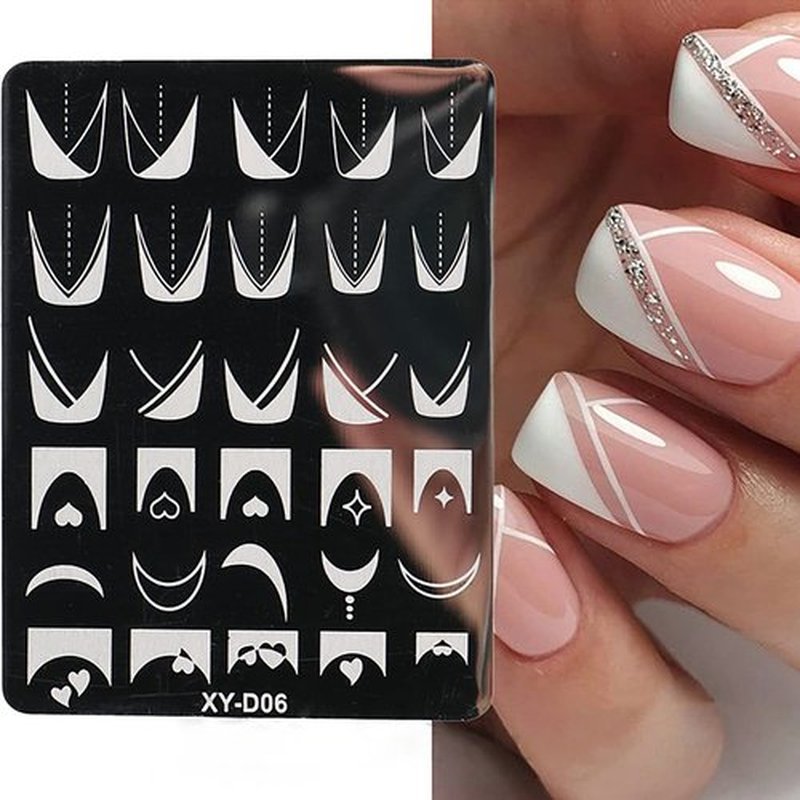 6Pcs Nail Art Stamping Templates Set with French Line Flowers Leaves Smiley Heart Design Art Stamping Kits DIY Printing Tools Fashion Art Decoration for Women and Girls