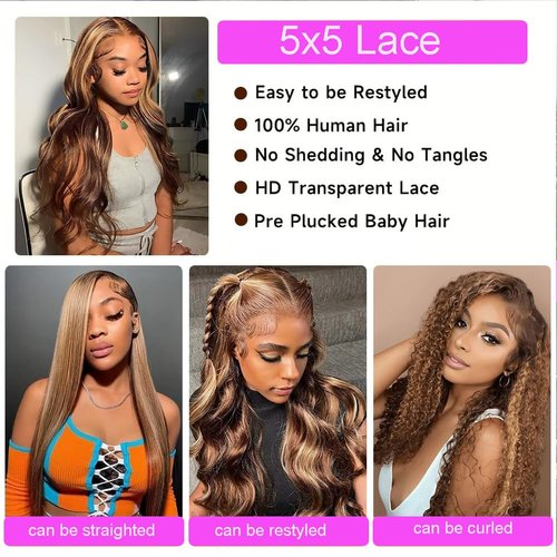 Boifit 22 Inch Honey Blonde 5x5 Ombre HD Lace Front Wig Human Hair Highlight Body Wave Closure Lace Frontal Glueless Wigs Pre Plucked, Real Human Hair Wig