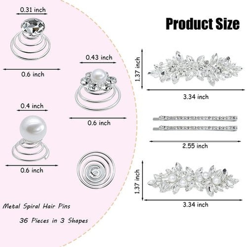 40 Pieces Rhinesetones Hair Clips, Include 4 Piece Crystal Hair Pins and 36 Pieces Spiral Hair Gems, Swirl Diamond Pearl Hairpins Flower Sparkling Hair Accessories for Wedding,brides, Party, Prom