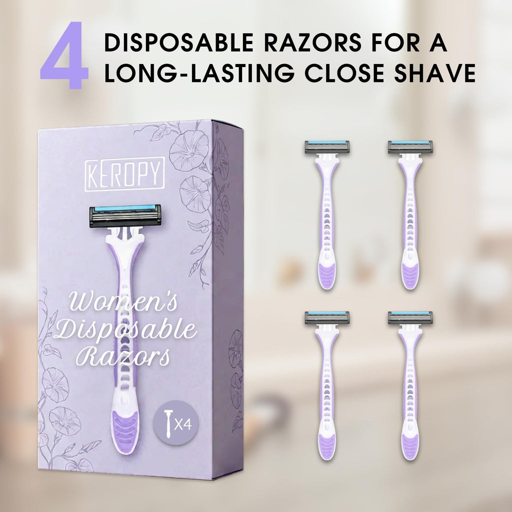 Disposable Razors for Women(4 Count), Womens Razors for Shaving,3 Blades & Aloe Lubricating Strip for Sensitive Skin, Bikini Razors for Women,Women Shaver for Legs & Armpits, Travel Essentials