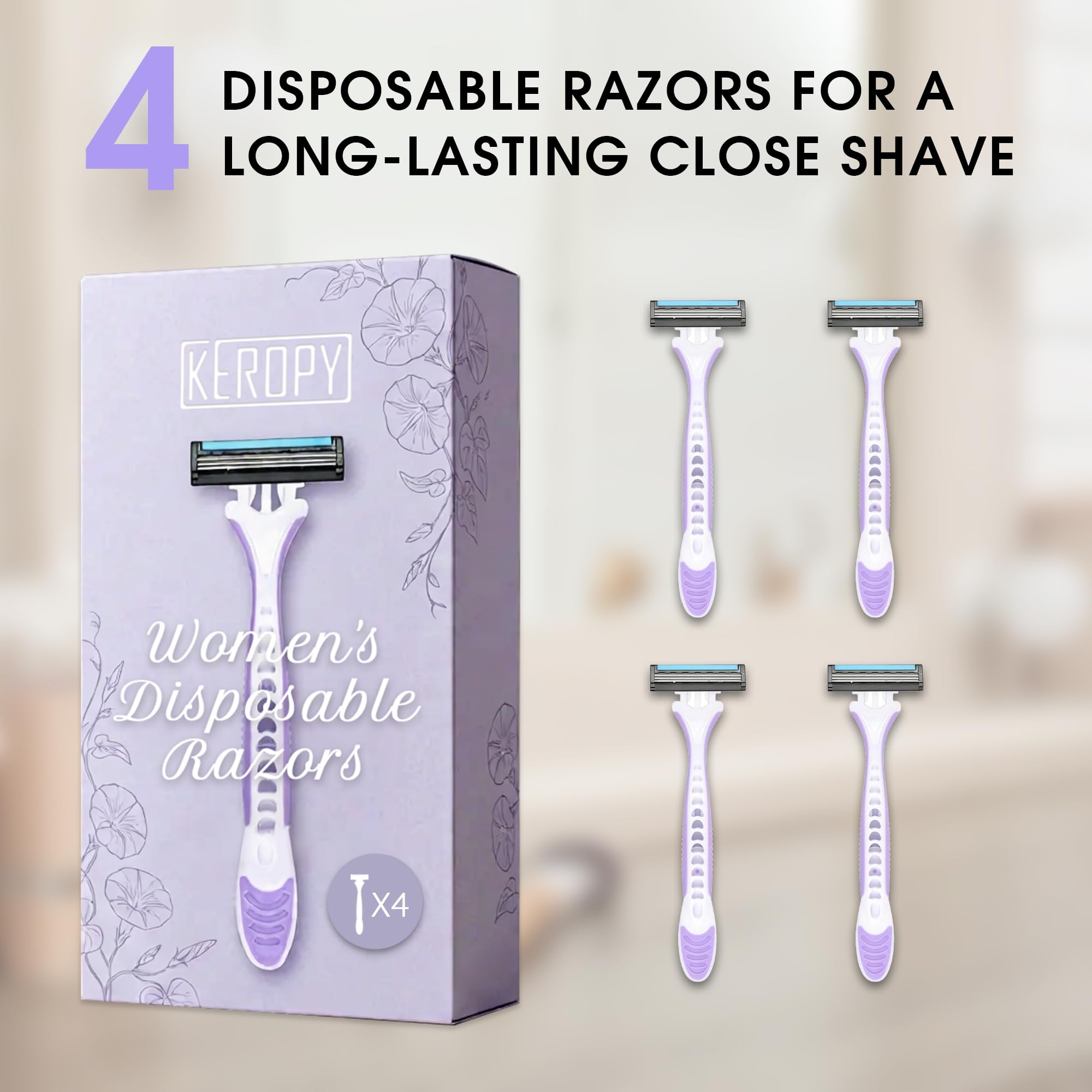 Disposable Razors for Women(4 Count), Womens Razors for Shaving,3 Blades & Aloe Lubricating Strip for Sensitive Skin, Bikini Razors for Women,Women Shaver for Legs & Armpits, Travel Essentials
