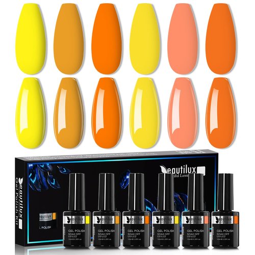 beautilux Orange Gel Nail Polish Set, 6 Colors Orange Yellow Soak Off Gel Polish for Nail Salon at Home Manicure