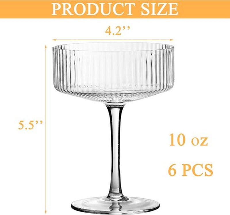 Skiennix 10 oz Ribbed Coupe Cocktail Glasses - Elegant Hand Blown Martini Set in Gift Box | 6 Pcs