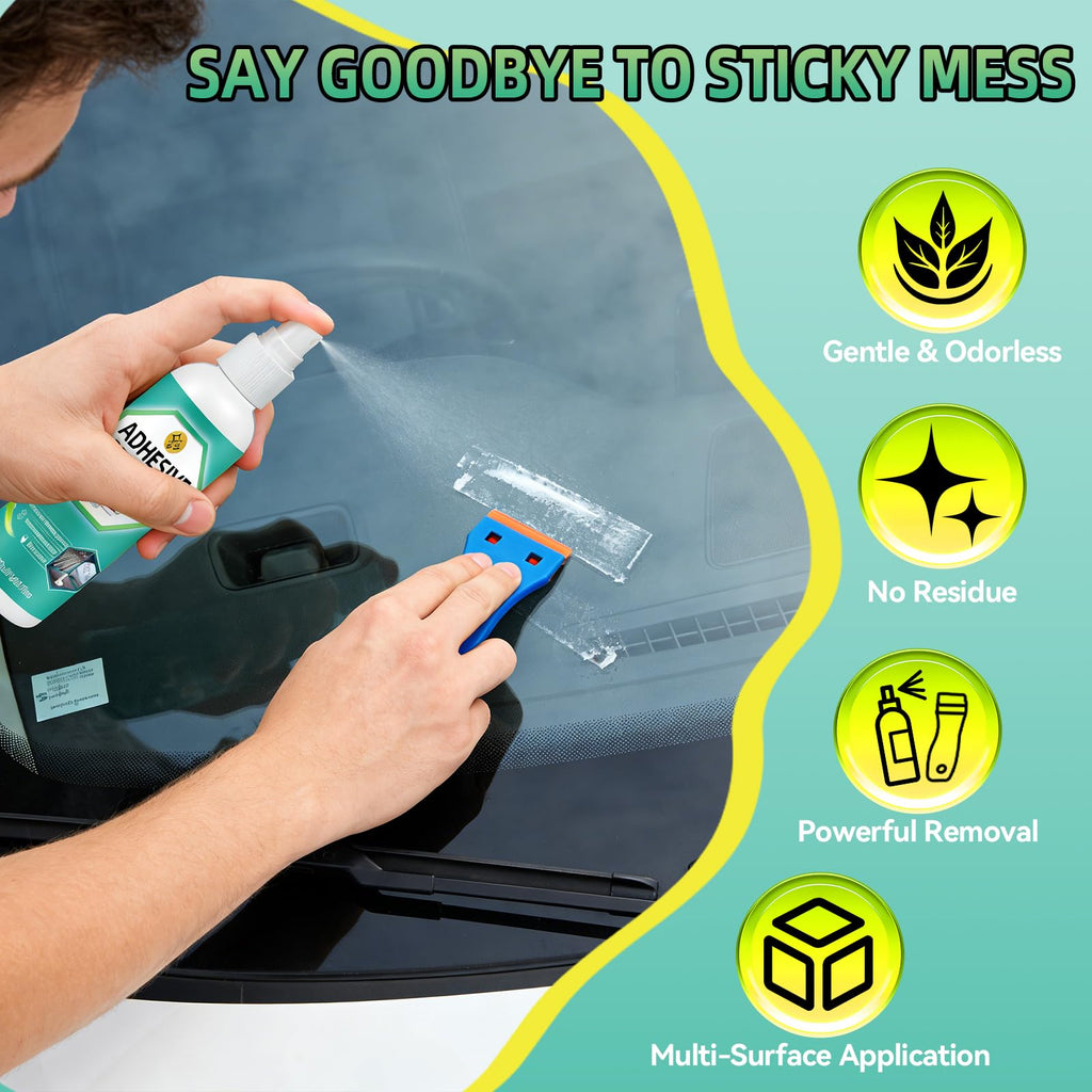 Halldeli Adhesive Remover Kit, Sticker Remover Spray for Cars, Floor, Windows, Surface-Safe Glue Remover with Plastic Scraper – Quickly Removes Decals, Tape Residue, Gum, Tar and Grease