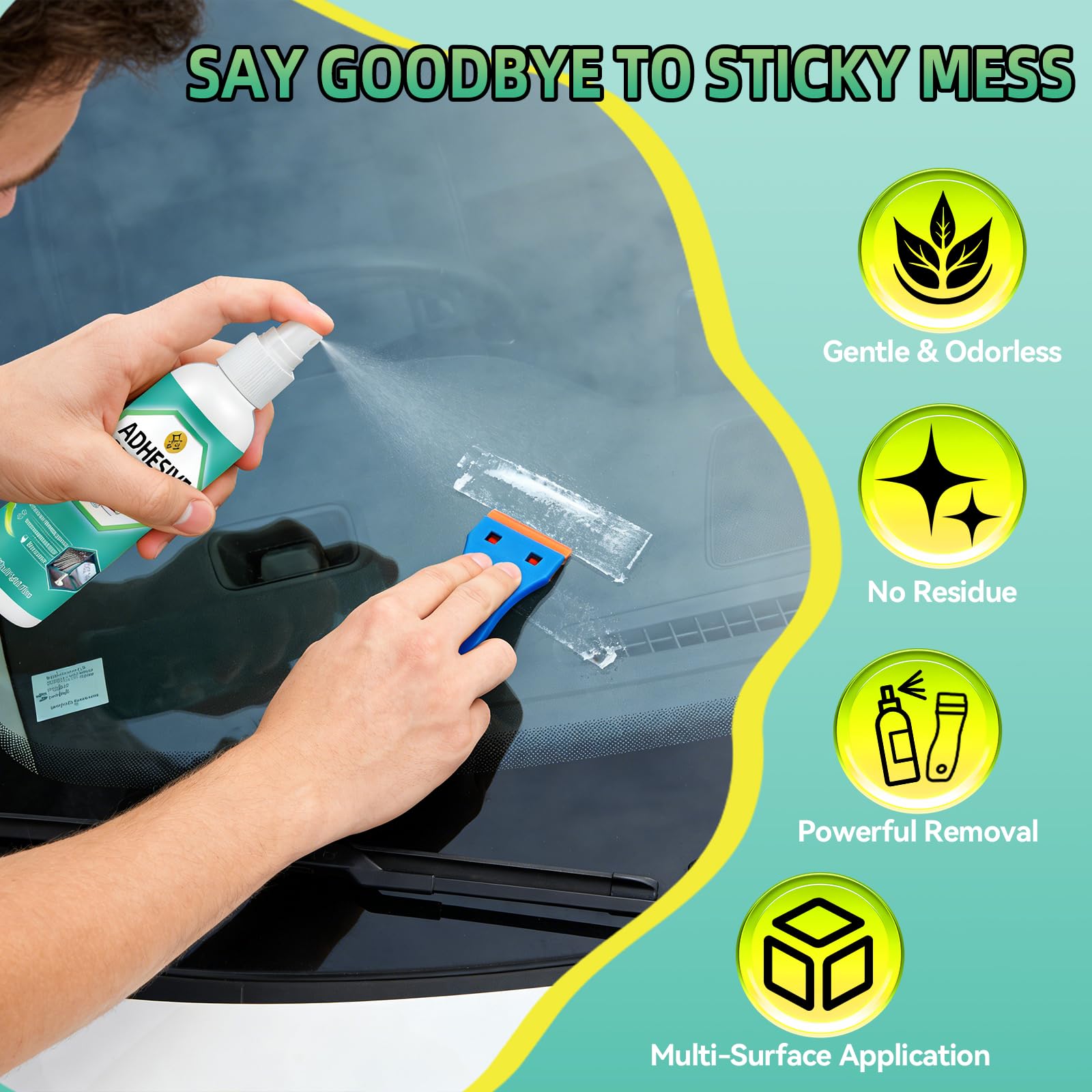 Halldeli Adhesive Remover Kit, Sticker Remover Spray for Cars, Floor, Windows, Surface-Safe Glue Remover with Plastic Scraper – Quickly Removes Decals, Tape Residue, Gum, Tar and Grease
