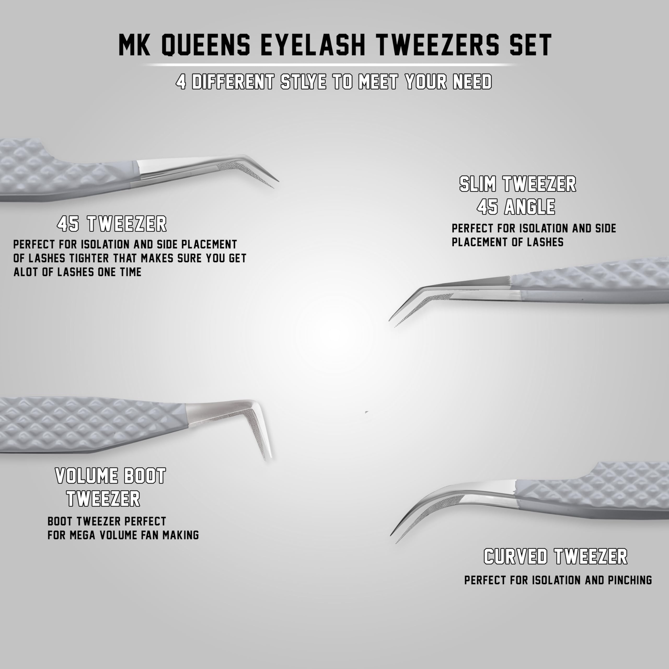 MK Queens Lash Tweezers - Stainless Steel Fiber Tip Eyelash Tweezers (Set of 4) - Diamond Grip Professional Lash Tweezers for Eyelash Extensions (Grey)