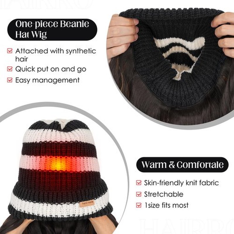 Hairro Hats With Hair Attached For Women Beanie Wig Synthetic Wavy Knitted Hat For Winter Warm Pom Pom Slouchy Cable Hat 18" 240g #4P27 Medium Brown&Dark Blonde