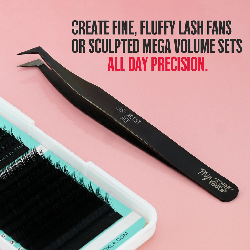 My Lash Tools Mega Boot Volume Fiber Tip Lash Tweezer – LASH ARTIST ACE, Professional Eyelash Extension Tweezers, Precision Fan Making, Plain Grip (Black)