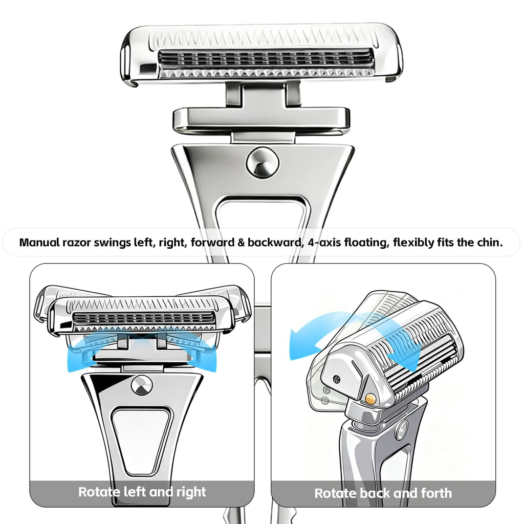 4-Layer Half-Blade Safety Razor- Flexible Head & Alloy Handle, with 10 Coated Blades, Leather Travel Case & Metal Stand - For Face and Body Shaving (Black)