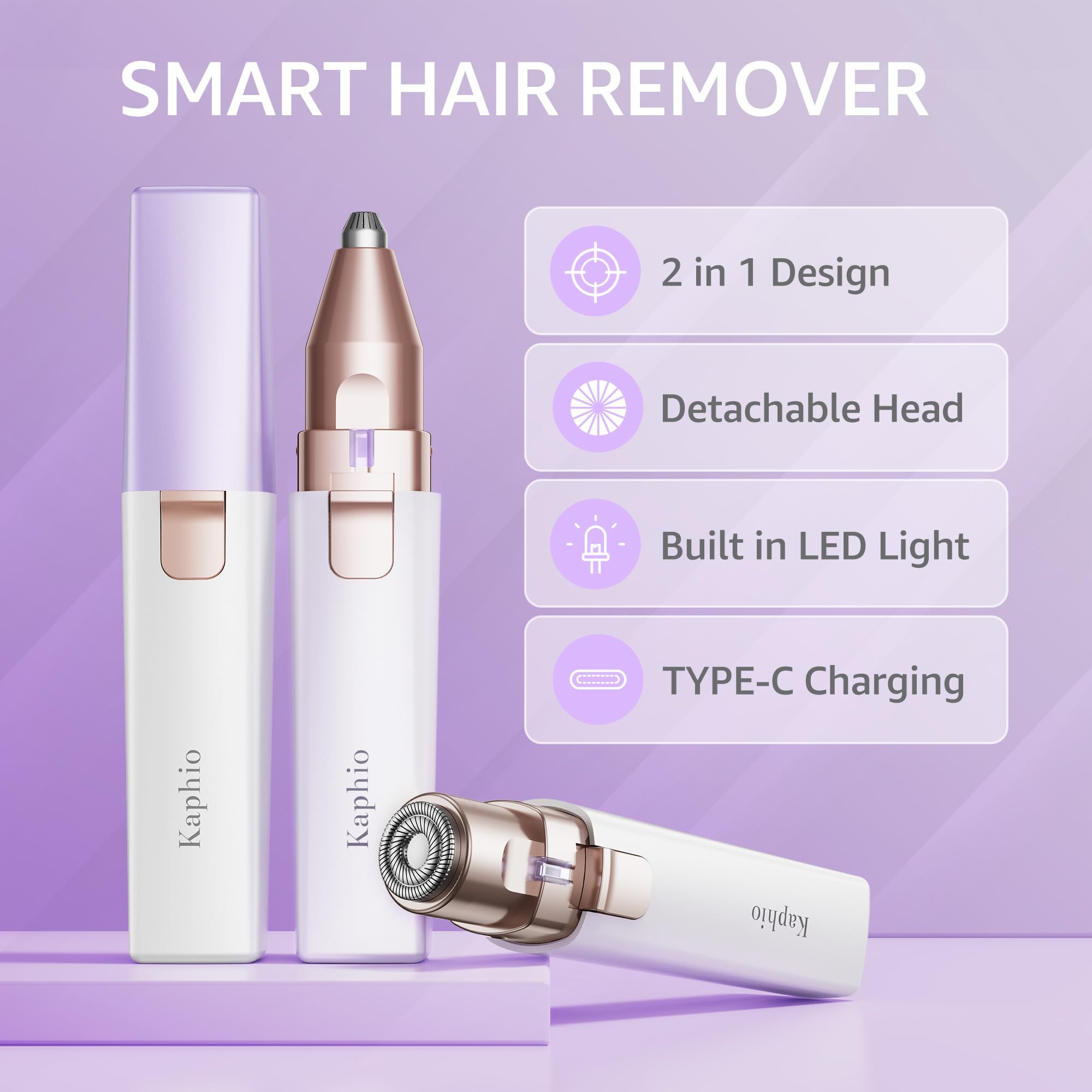 Facial Hair Removal for Women: Electric Eyebrow Trimmer & Hair Removal Device - 2 in 1 Rechargeable Face Shaver Painless Eyebrow Shaper for Upper Lip Chin Peach Fuzz brow (Purple)