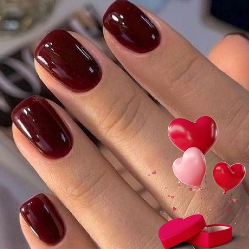 Modelones Press on Nails, Dark Red Short Square Fake Nails, Valentines Reusable Nail Kit with Nail Glue Adhesive Tabs Mini Nail File, Nails Press Ons 32Pcs16 Sizes, Women Girl Gift
