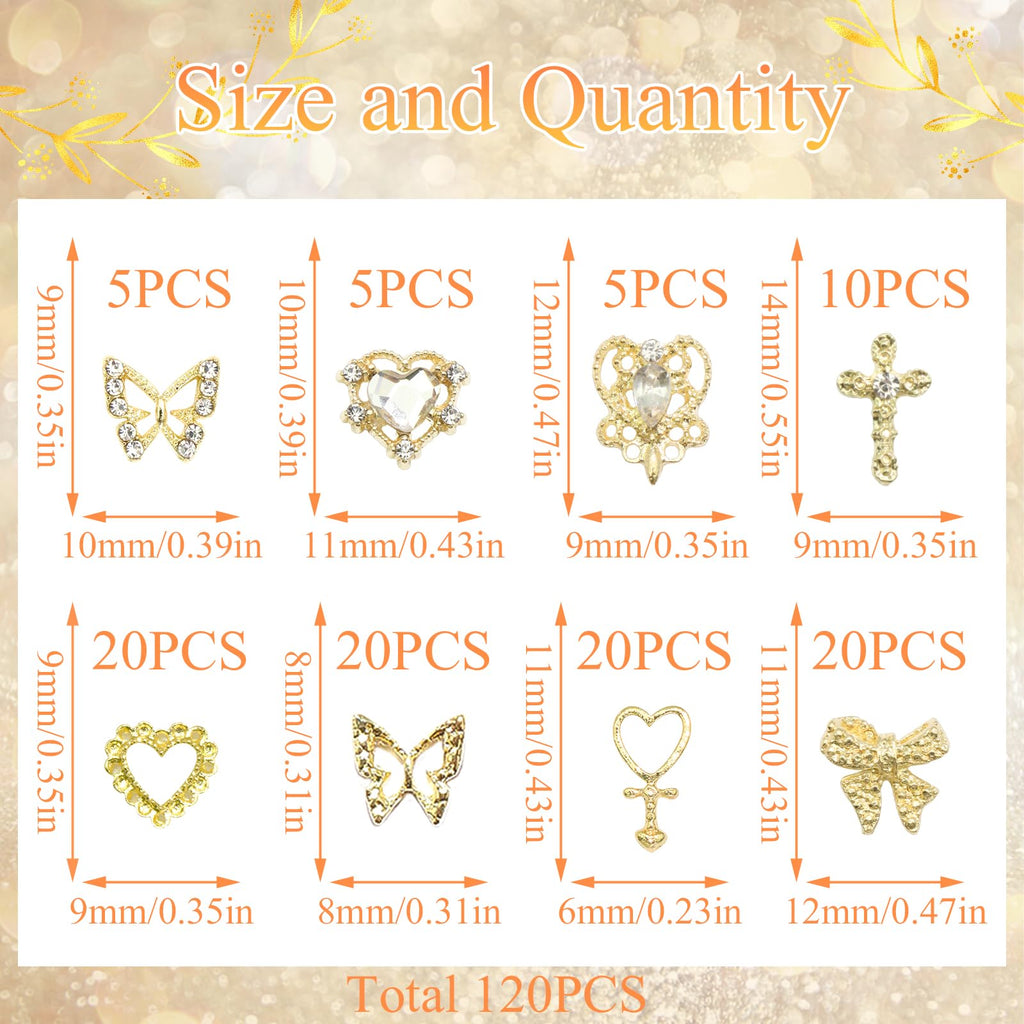 YAEISM 105PCS Gold Nail Charms 3D Gold Heart Nail Charm 8 Shapes Butterfly Charms for Nails Shiny Gold Nail Charms Cross Alloy Nail Bows for Nail Art and DIY Crafts Decoration