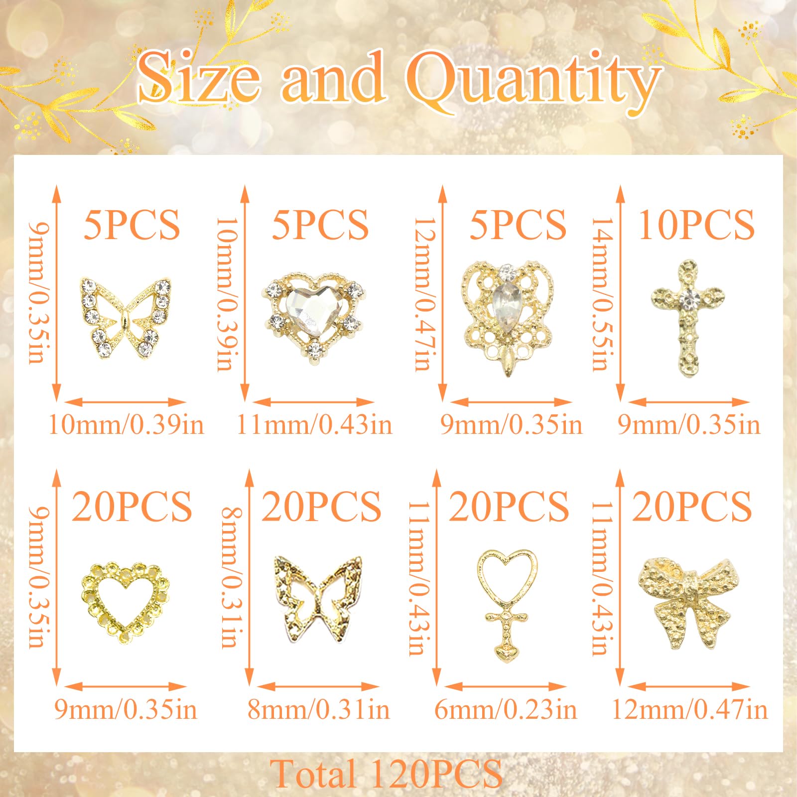 YAEISM 105PCS Gold Nail Charms 3D Gold Heart Nail Charm 8 Shapes Butterfly Charms for Nails Shiny Gold Nail Charms Cross Alloy Nail Bows for Nail Art and DIY Crafts Decoration