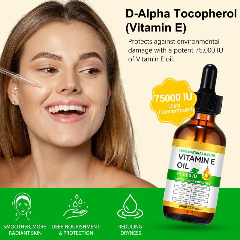 Vitamin E Oil, 75,000 IU, 100% Pure Vitamin E Oil for Skin, Hair & Nails, Hydrating Dry Skin, Face and Body Moisturizer, Reduce Stretch Marks, Wrinkles, 2Fl Oz