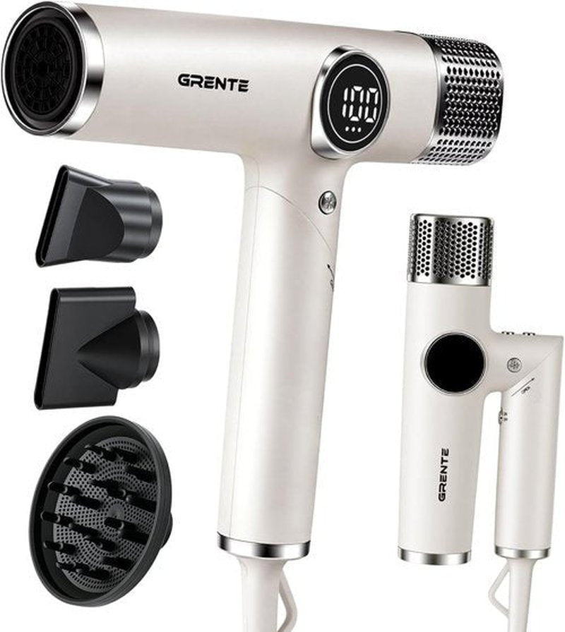 Skiennix Professional White Blow Dryer - High-Speed Ionic Hair Dryer with Digital Display & Diffuser