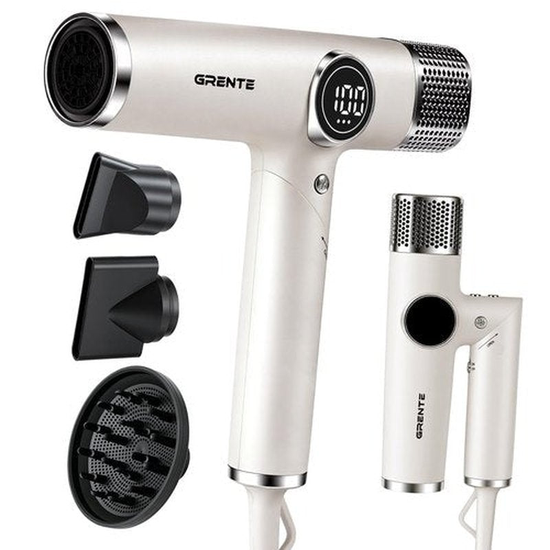 Grente Foldable Hair Dryer with Diffuser, 110,000 RPM High-Speed Negative Ionic Blow Dryer 4 Heat/3 Speed Settings, Magnetic Diffuser & Concentrator, Lightweight & Low Noise for Home and Travel