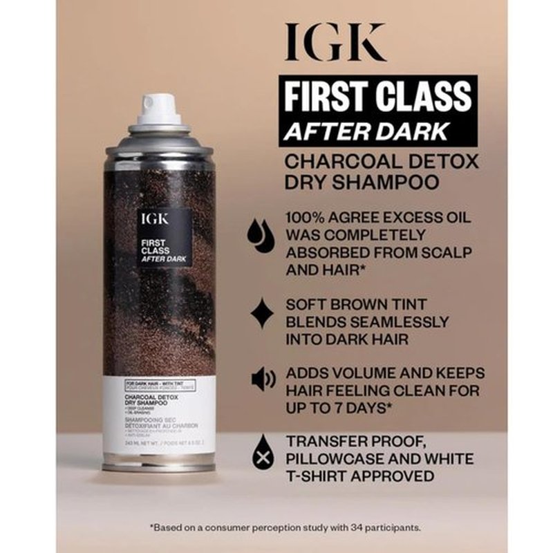 IGK First Class After Dark Charcoal Detox Dry Shampoo - Brown Tinted, No White Residue Spray | Adds Volume & Texture | 6.5oz