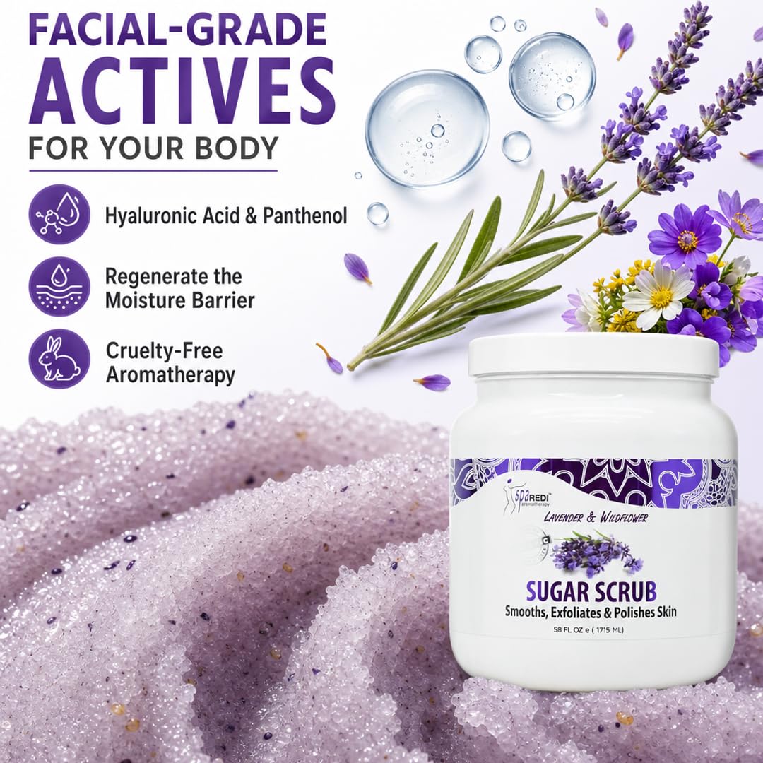 SPA REDI Sugar Body Scrub – Lavender & Wildflower Exfoliating Treatment for Feet, Heels & Body | Hyaluronic Acid, Panthenol, Cruelty-Free, Sulfate-Free | Professional Salon & Home Use | 58 oz
