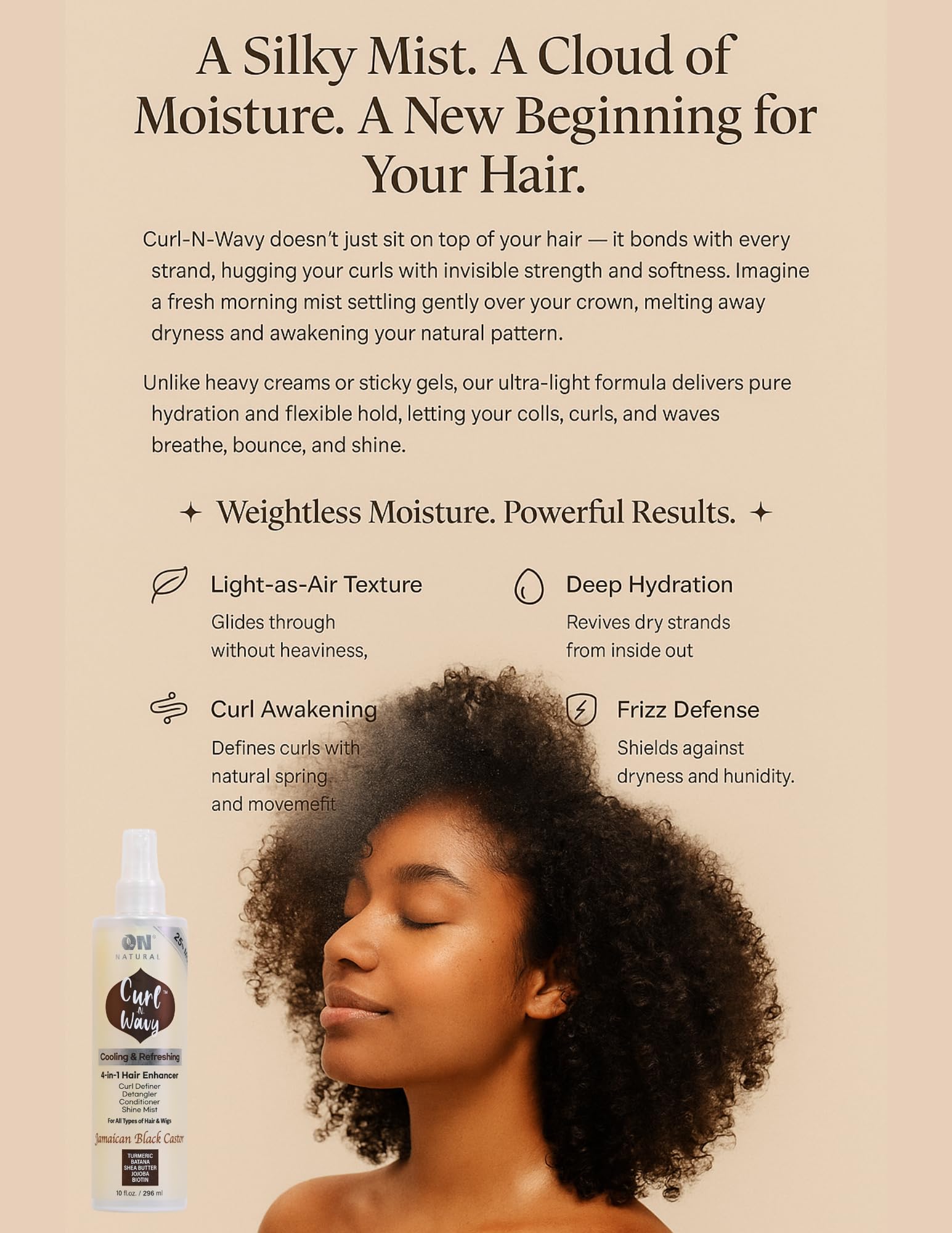 On Natural Curl-N-Wavy 4-in-1 Hair Enhancer For All Hair Texture [Jamaican Black Castor] 3.4 OZ