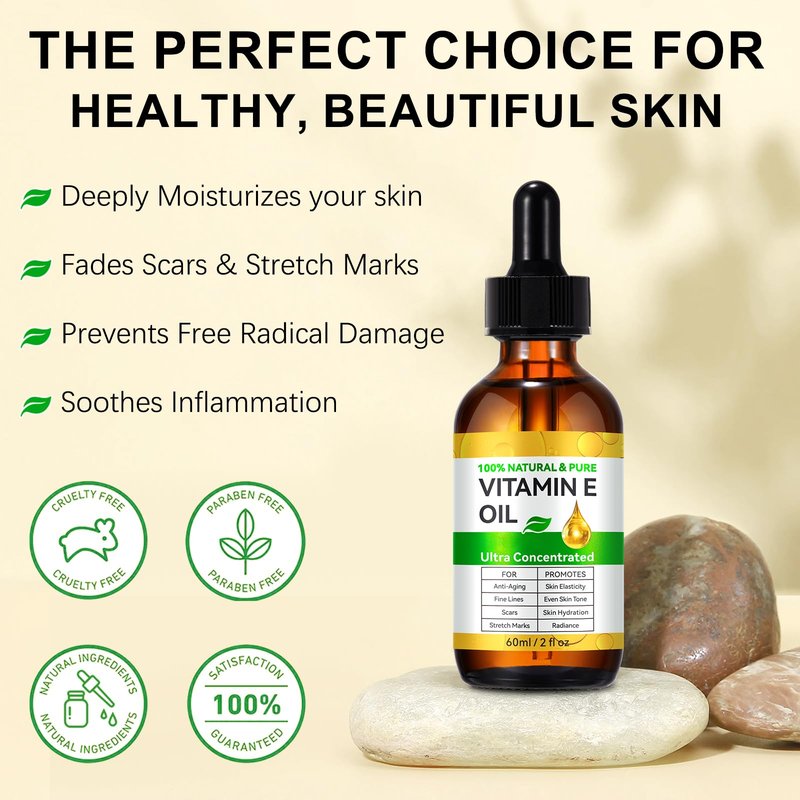 WHLH & WELL-BEING Pure Vitamin E Oil for Skin Face Hair Scars, Moisturizing Dry Skin Winkles Hair and Scalp Pack of 2