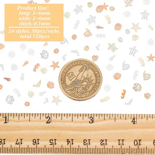 OLYCRAFT 720pcs 24 Styles Sea Theme Nail Art Decorations Brass Resin Fillers Shell Fish Dolphin Nail Art Accessories Mini Nail Art Charms for DIY Crafts Manicure Decorations - Gold/Silver&Rose Gold