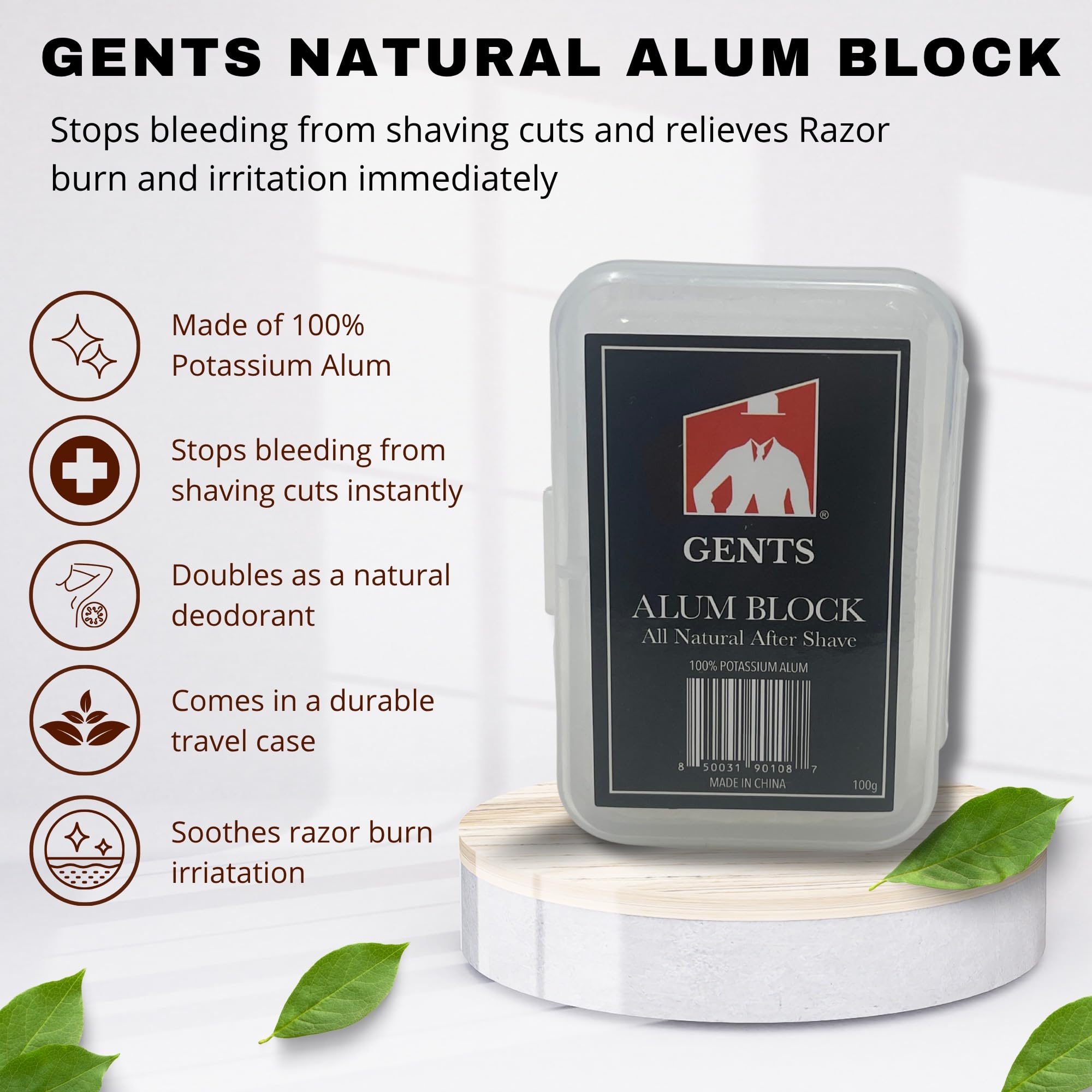 G.B.S 3.5 Ounce Alum Block in Plastic Case | Fragrance-Free Natural Deodorant & Aftershave for Razor Burn Relief | Stops Bleeding, Fights Bumpy Skin, & Prevents Sweat – Travel-Friendly & Long-Lasting