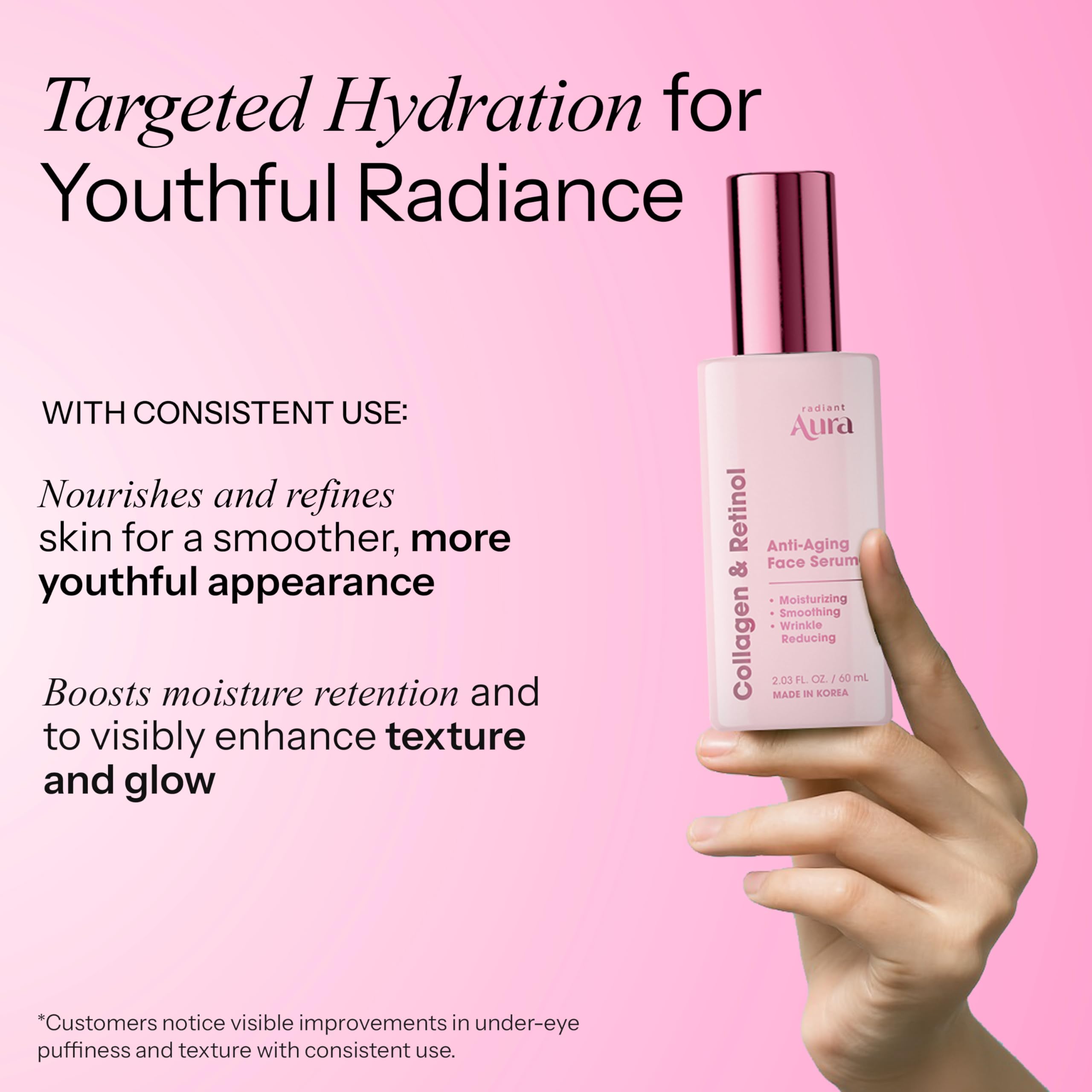 Radiant Aura Collagen & Retinol Serum For Face – Dermatologist Tested, Anti Aging, Korean Skin Care – Firming, Hydrating, Fast-Absorbing, Smoothing – Vegan, Clean Beauty – Pack of 2