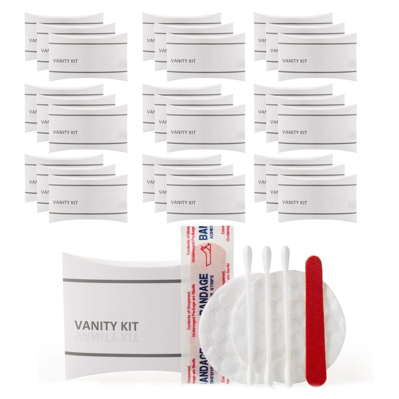 World Amenities Necessities Grooming Vanity Kit | Hotel Amenities | Includes Sewing Kit, Nail File, Cotton Swabs, 2 Cotton Rounds and Band-Aid | Pack of 25 Kits