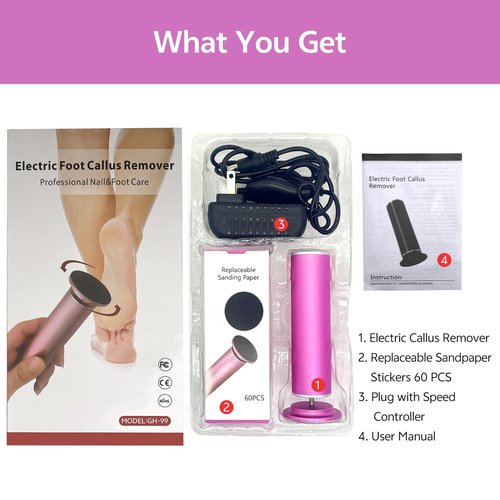Resptasski Electric Foot Callus Remover for Feet, Pedicure Tool with 60pcs Replacement Sandpaper Discs, Adjustable Speed Scrubber File Grinder for Dead Skin, Home Spa Salon Use - Pink