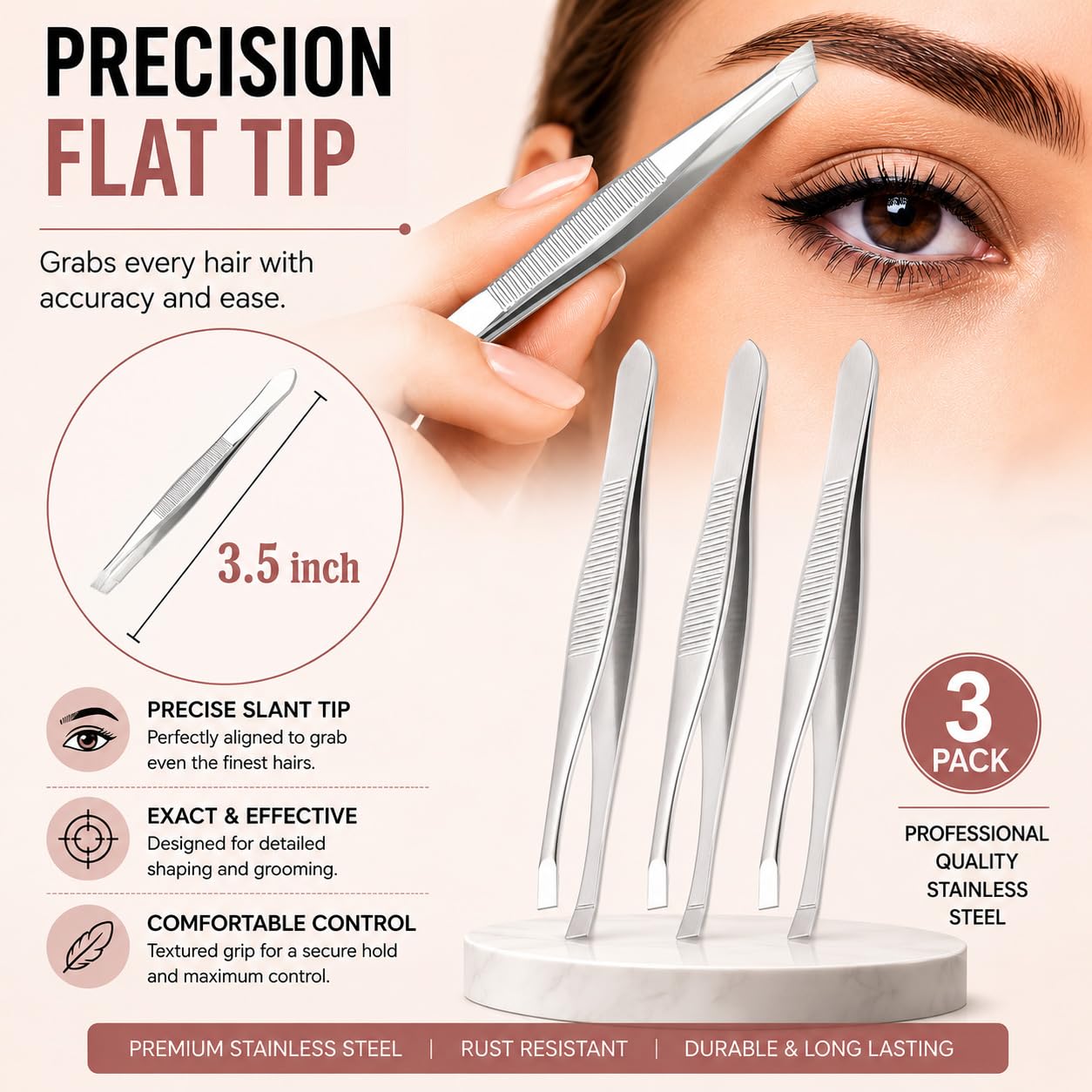 LUXXII Flat Tip Tweezers Set (3 Pack) – Precision Stainless Steel Tweezers for Eyebrows, Facial Hair, Ingrown Hair & Splinter Removal – Professional Hair Plucker for Women & Men
