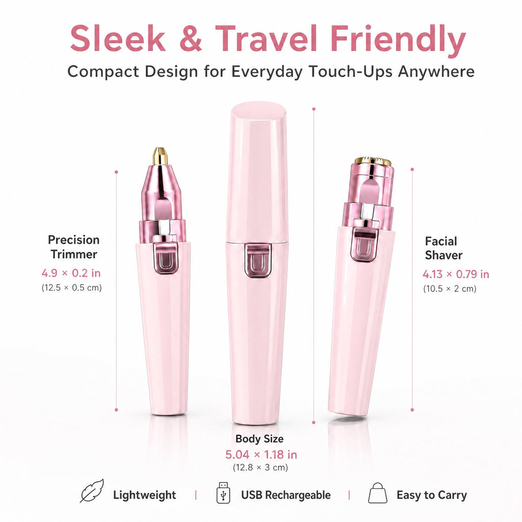 Facial Hair Remover for Women - Pink USB Rechargeable Eyebrow Trimmer & Face Shaver with LED Light, 2-in-1 Hair Removal Device for Smooth Skin