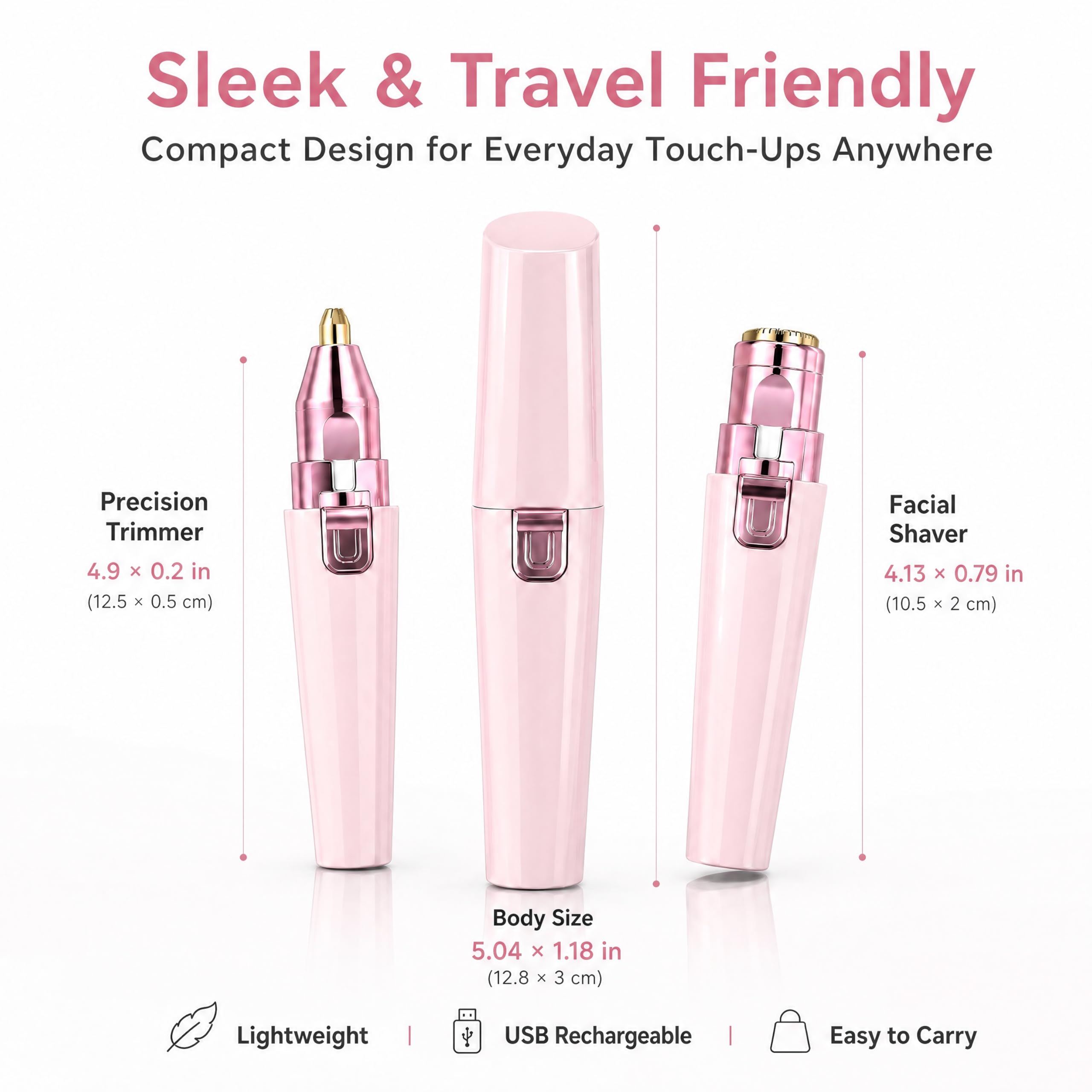 Facial Hair Remover for Women - Pink USB Rechargeable Eyebrow Trimmer & Face Shaver with LED Light, 2-in-1 Hair Removal Device for Smooth Skin