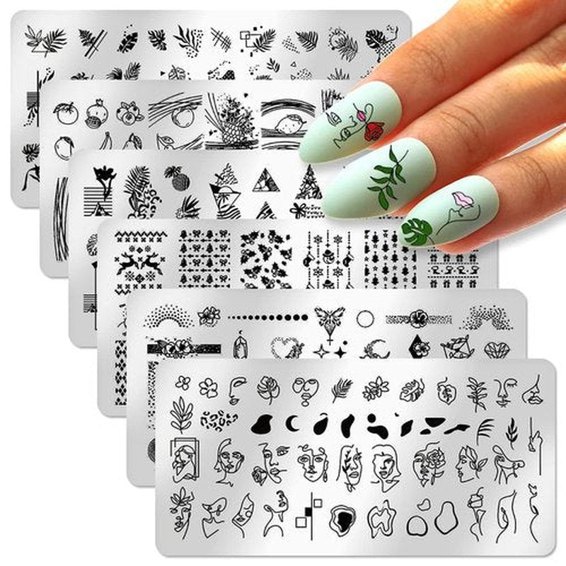 SILPECWEE 6Pcs Nail Stamp Simple Line-Drawing Design Nail Stamping Kit DIY Nail Plate Manicure Accessories For Summer
