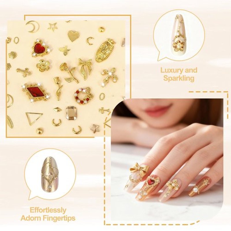 SIUSIO Gold Nail Charms and Gems Kit, 5 Boxes Metallic Nail Art Gems Flatback Crystal Champagne Rhinestones Gold Caviar Beads 3D Cross Stars Rose Hearts Virgin Mary Bow Gemstones for Nails Manicure