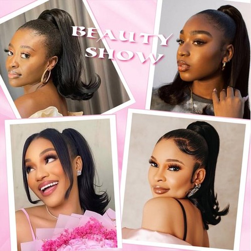 UAmy hair Flick Ponytail Extension 14 inch Yaki Straight Drawstring Ponytail for Black Women Shoulder Length Natural Black Synthetic Kinky Straight Hair Pony Tail with Tail Warping(1B)